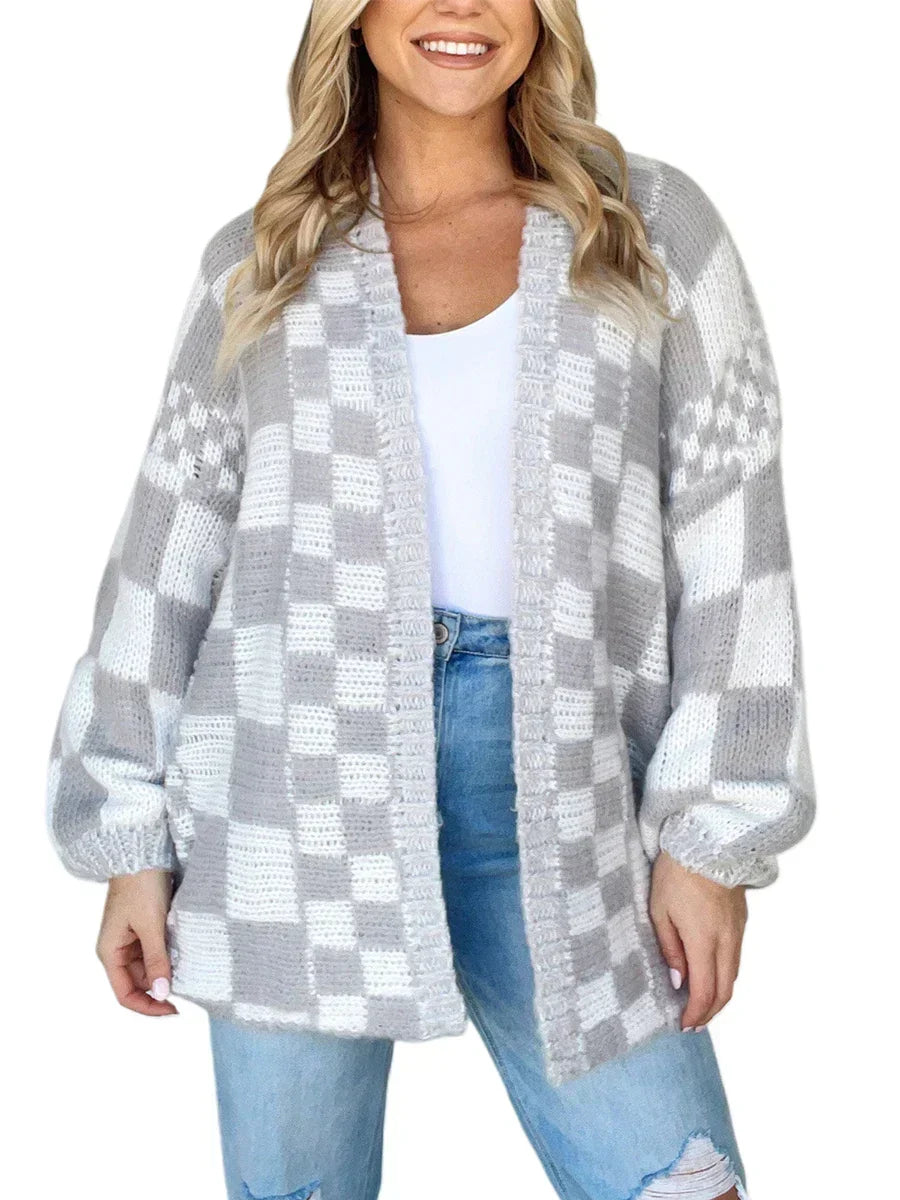 Checkered Open Front Balloon Sleeve Fuzzy Knit Cardigan 7