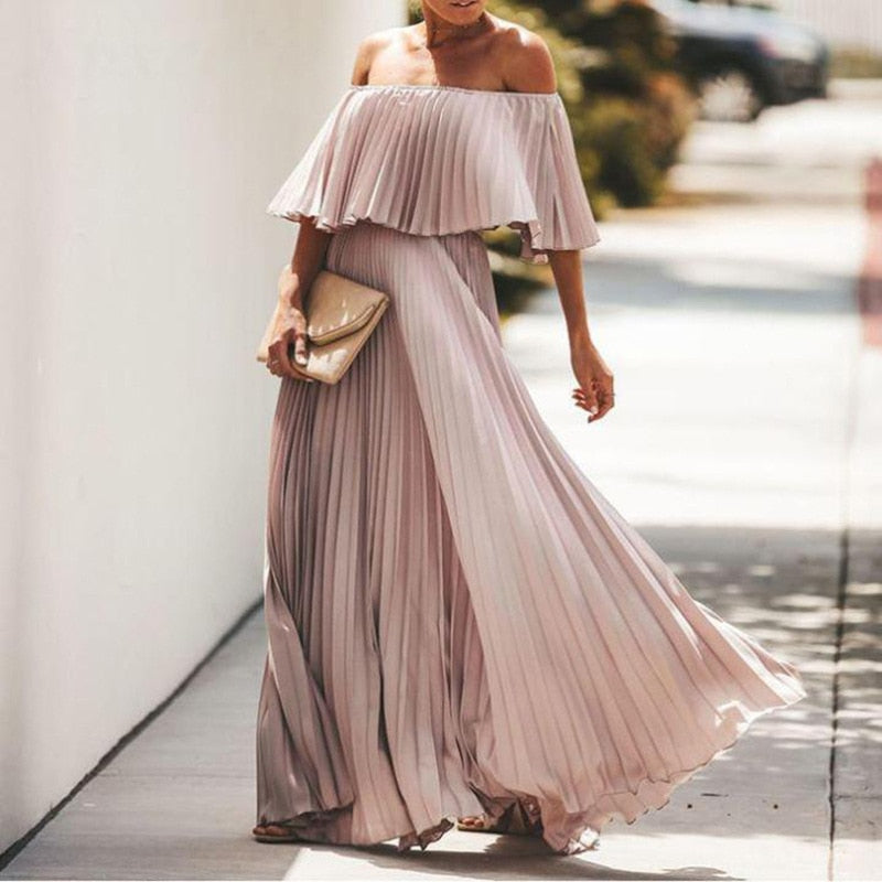 Pleated Off Shoulder Ruffle Overlay Flowy Maxi Dress 2