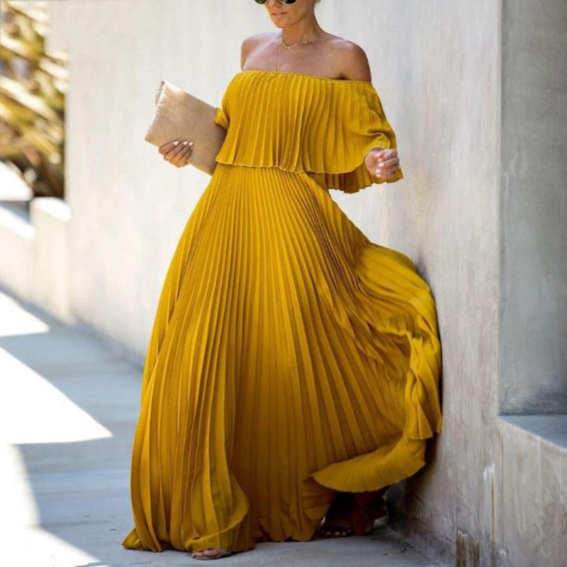 Pleated Off Shoulder Ruffle Overlay Flowy Maxi Dress 5
