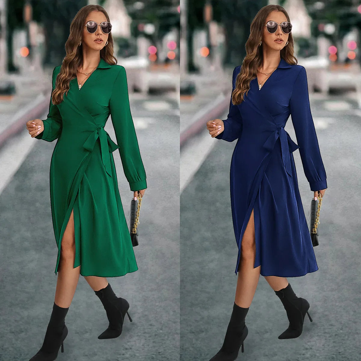 Cross Vneck Dark Green Korean Slim Midi Dresses