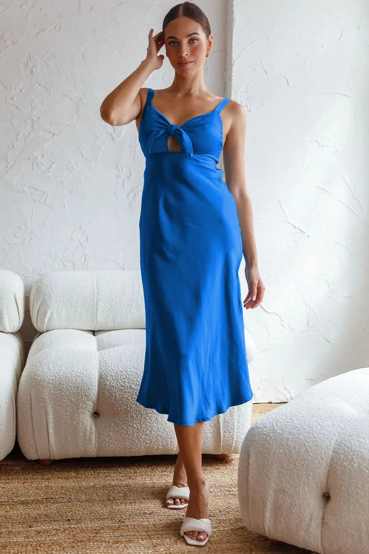 Pink Lace Satin Slim Midi Dress - View 7