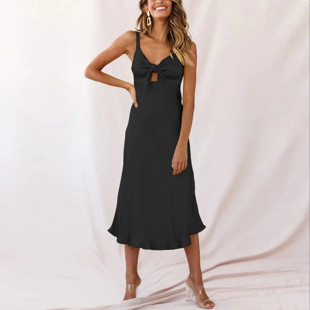 Pink Lace Satin Slim Midi Dress - View 3