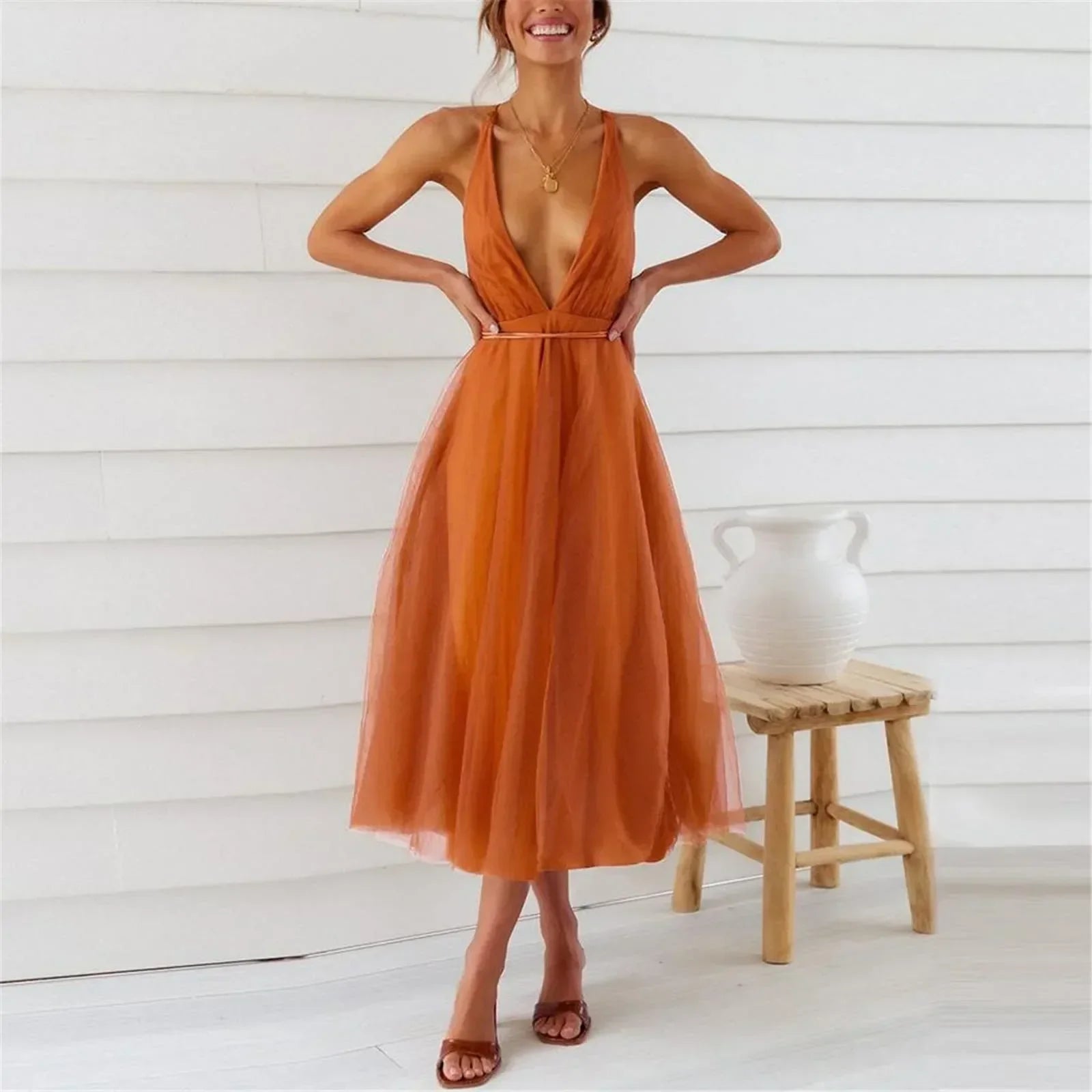 Tulle Deep V-Neck Backless A-Line Midi Dress