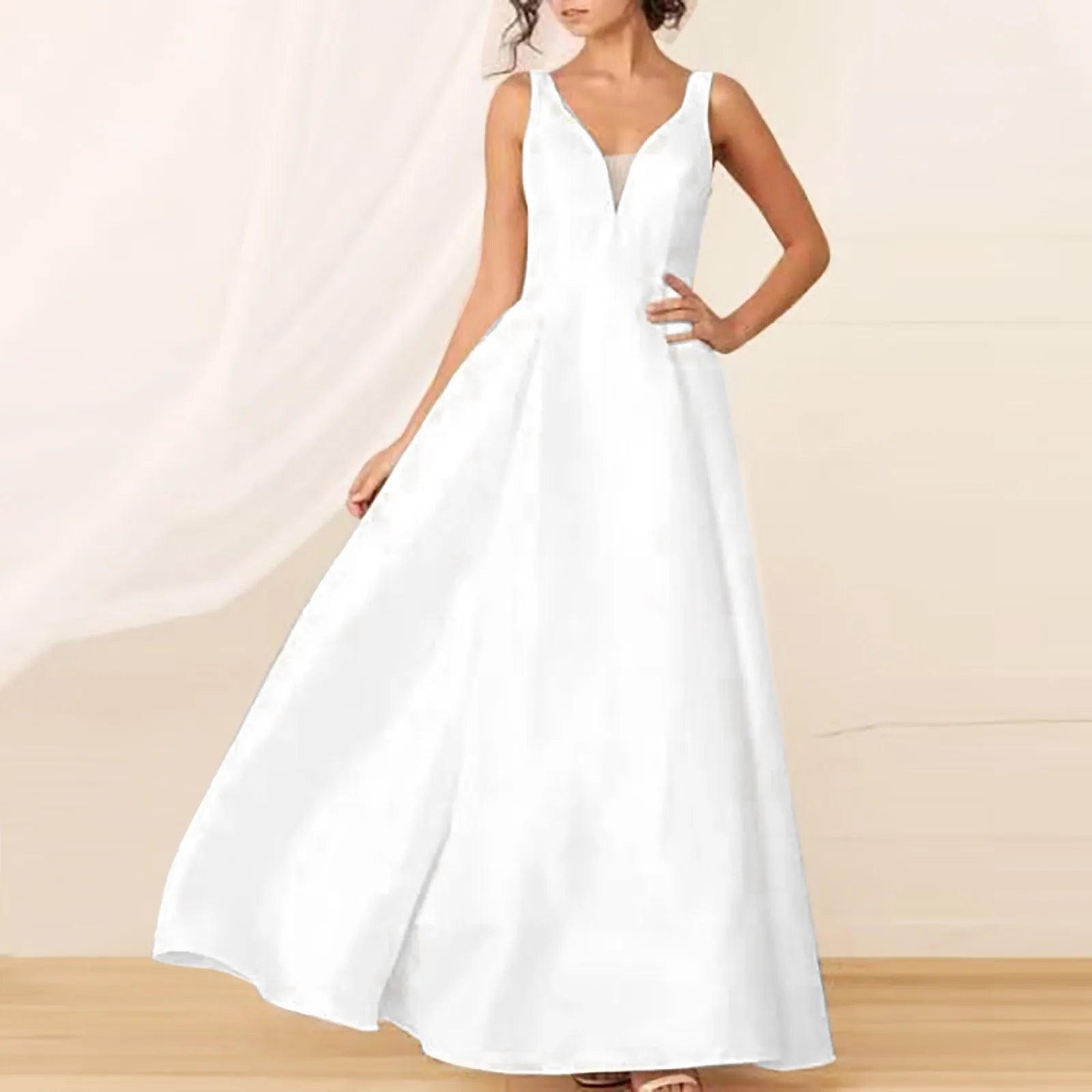 Deep V-Neck Sleeveless A-Line Pleated Waist Maxi Gown