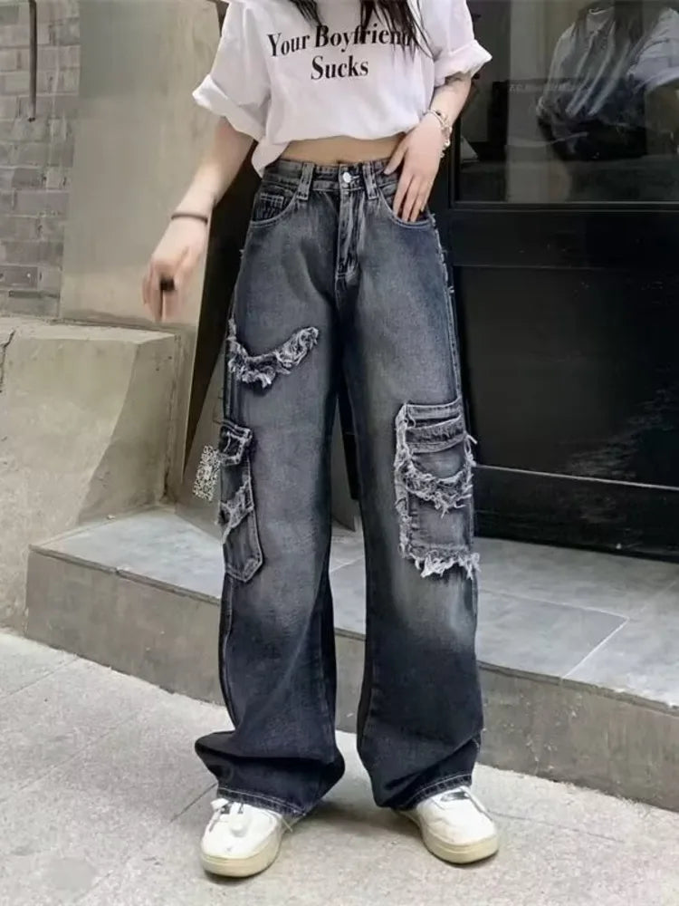 High-Waist Vintage Washed Distressed Wide-Leg Denim Jeans