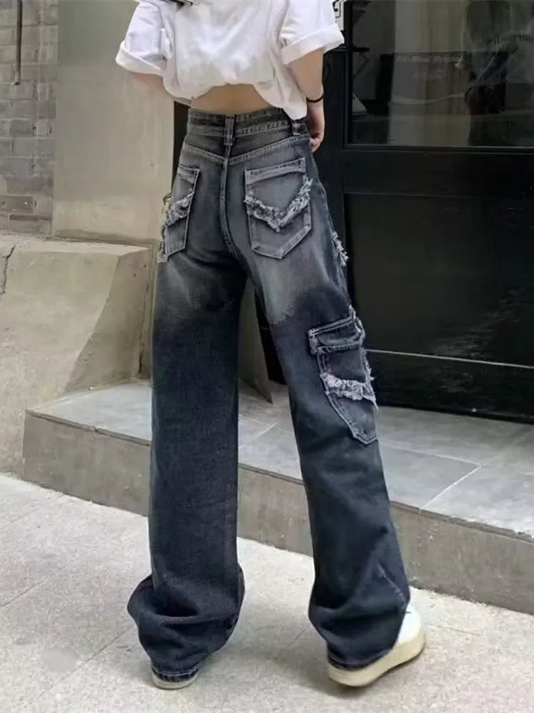 High-Waist Vintage Washed Distressed Wide-Leg Denim Jeans