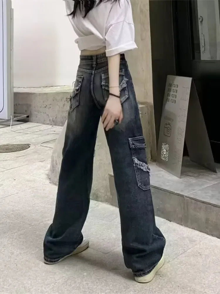 High-Waist Vintage Washed Distressed Wide-Leg Denim Jeans