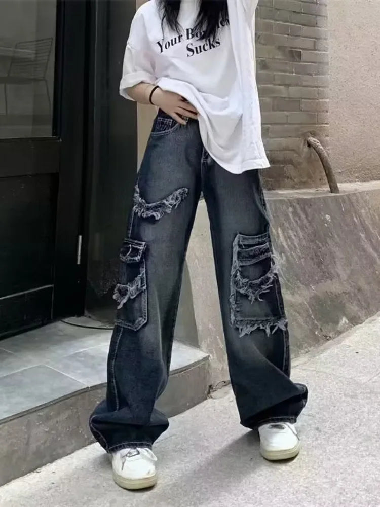 High-Waist Vintage Washed Distressed Wide-Leg Denim Jeans