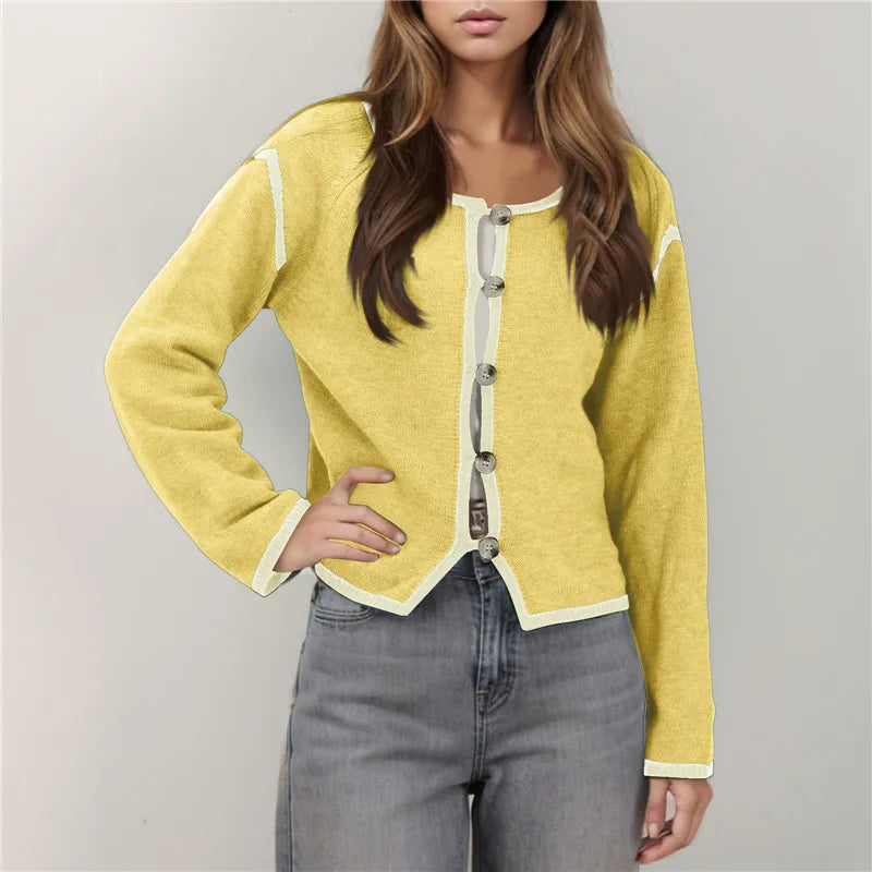 Contrast Trim Round Neck Button Front Split Hem Knit Cardigan