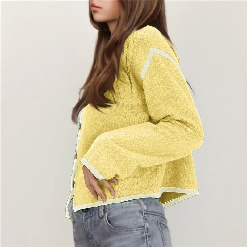 Contrast Trim Round Neck Button Front Split Hem Knit Cardigan 3