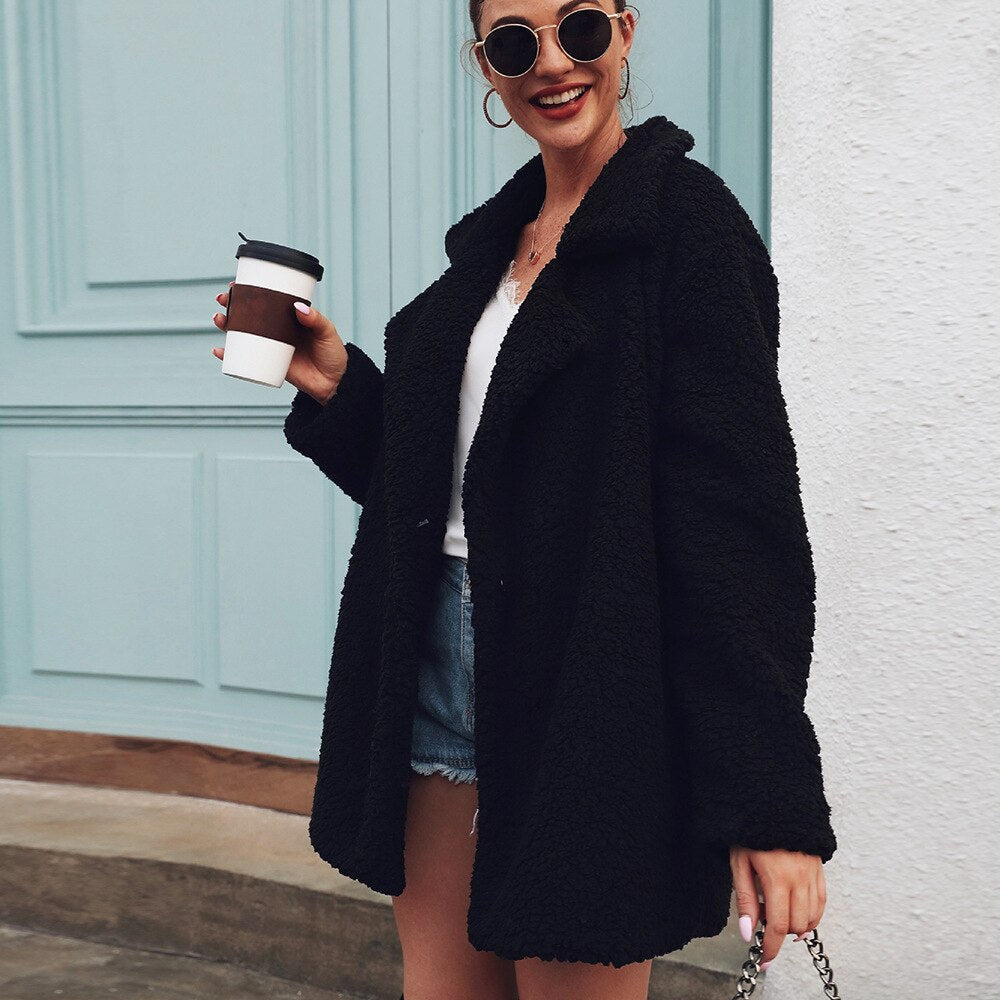 Lapel Collar Long Sleeve Open Front Teddy Faux Fur Coat 3