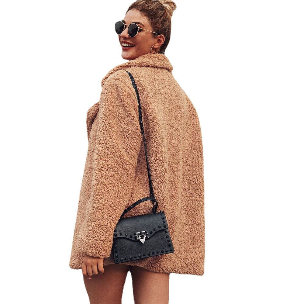 Lapel Collar Long Sleeve Open Front Teddy Faux Fur Coat 4