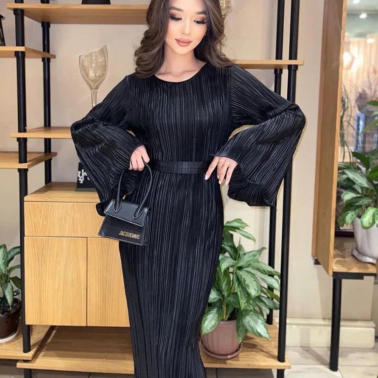 Maxi Autumn New Crewneck Laceup Pleated Graceful Midi Dresses