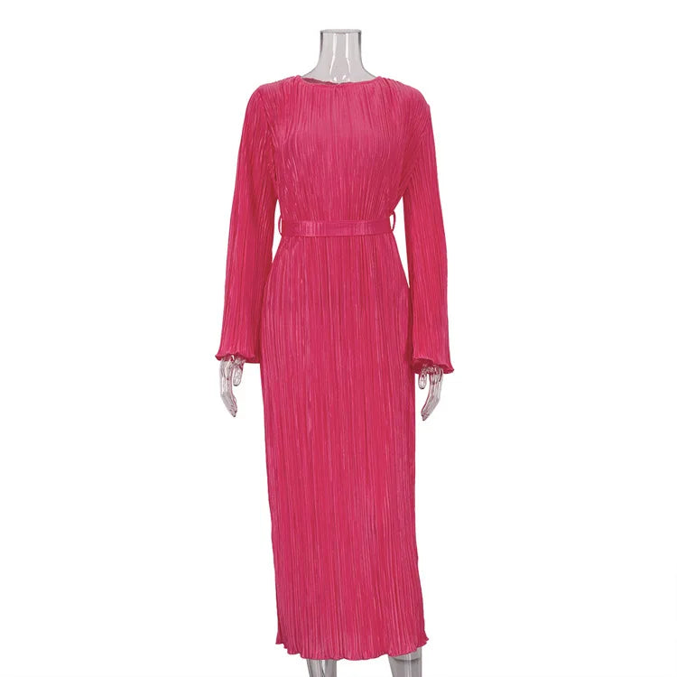 Maxi Autumn New Crewneck Laceup Pleated Graceful Midi Dresses