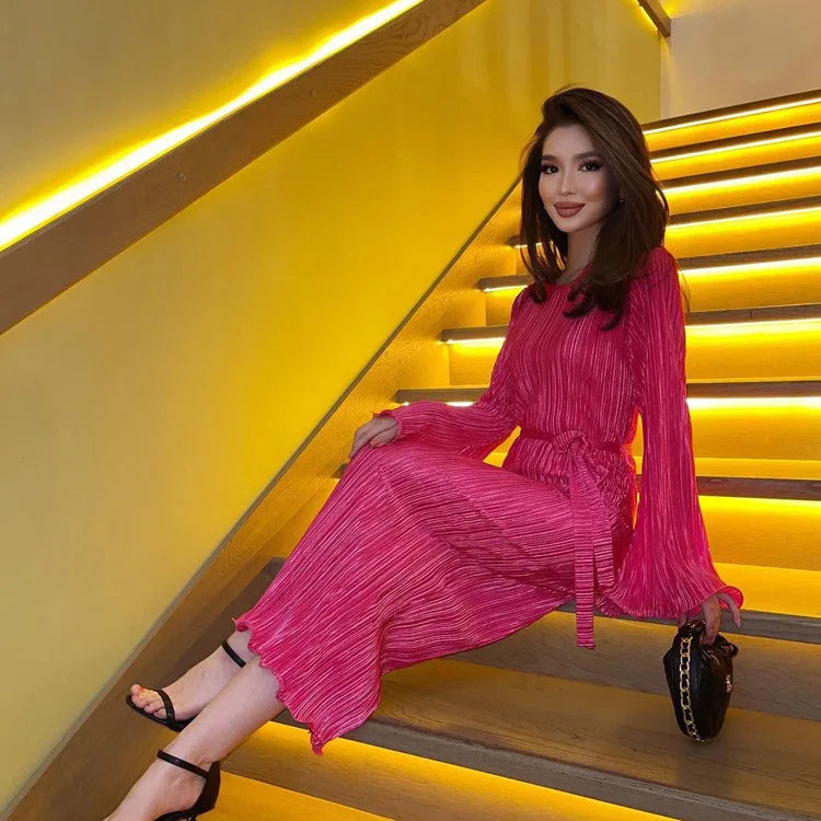Maxi Autumn New Crewneck Laceup Pleated Graceful Midi Dresses