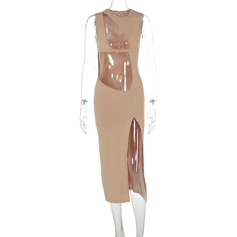 Crew Neck Sleeveless Cut Out High Split Bodycon Maxi Dress