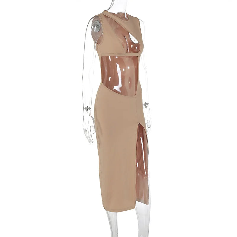 Crew Neck Sleeveless Cut Out High Split Bodycon Maxi Dress