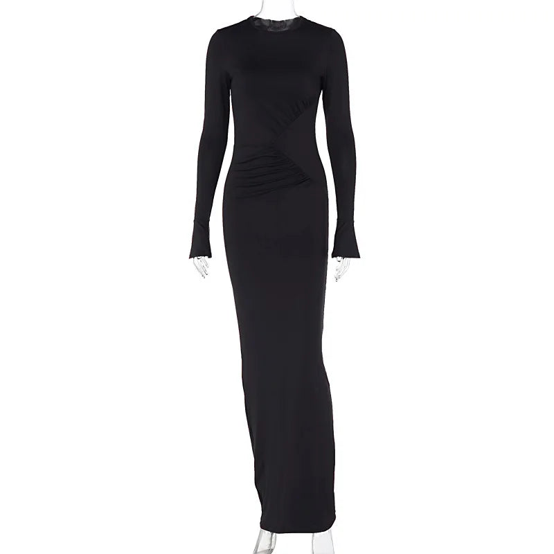 Women's Maxi Autumn Winter New Solid Crewneck Personality Pleated Refined Vestidos Midi Dresses