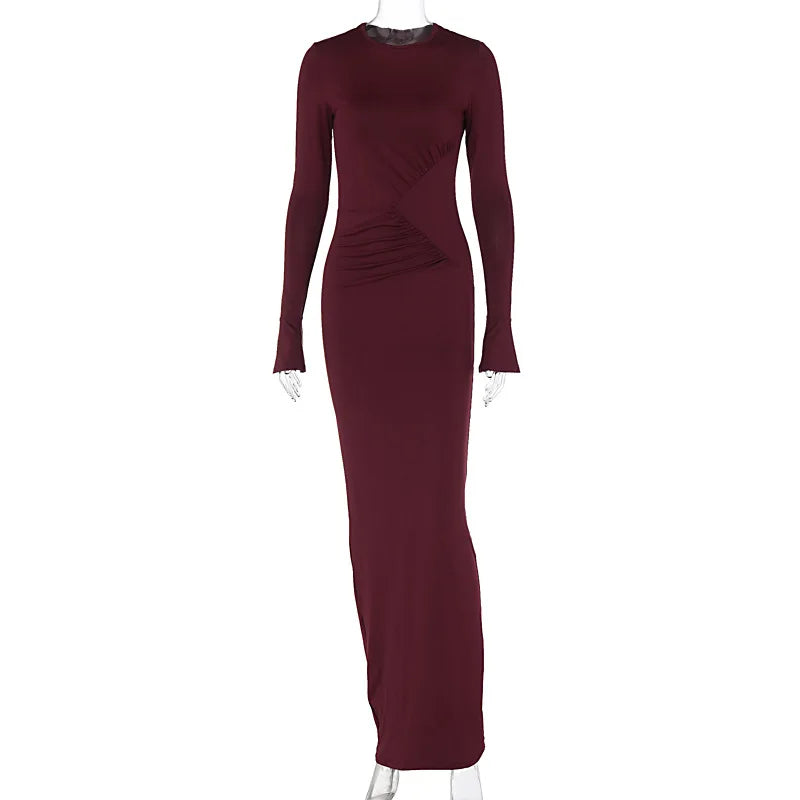 Women's Maxi Autumn Winter New Solid Crewneck Personality Pleated Refined Vestidos Midi Dresses