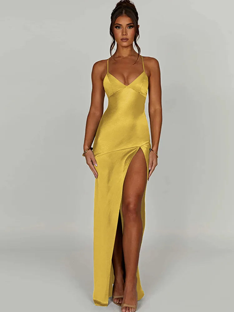 Satin V-Neck Spaghetti Strap High Split Slip Maxi Dress