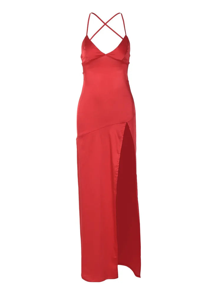 Satin V-Neck Spaghetti Strap High Split Slip Maxi Dress