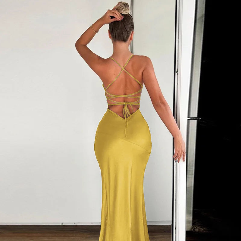 Satin V-Neck Spaghetti Strap High Split Slip Maxi Dress