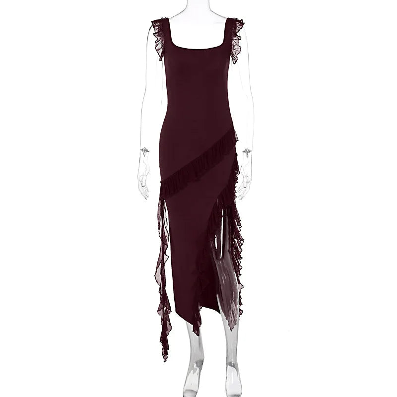 Women's Maxi Summer Autumn Wooden Splicing Temperament Refined Vestidos Midi Dresses