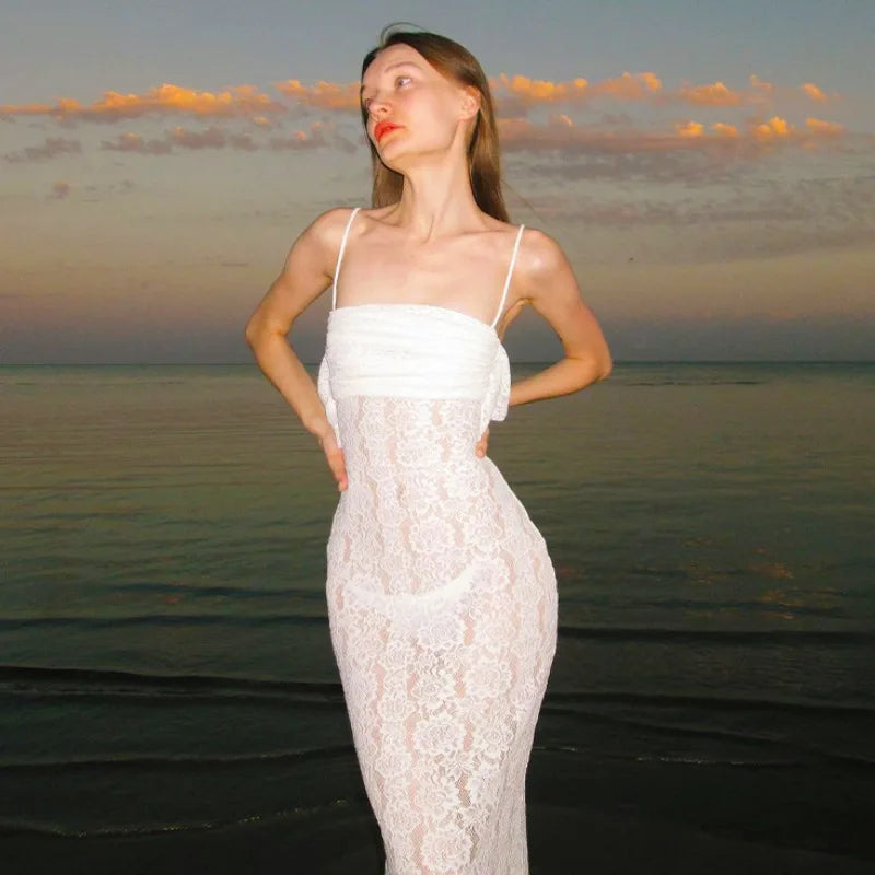 Women's Maxi White Spring Summer Suspenders Lowcut Slimfit Buttock Chic Vestidos Midi Dresses