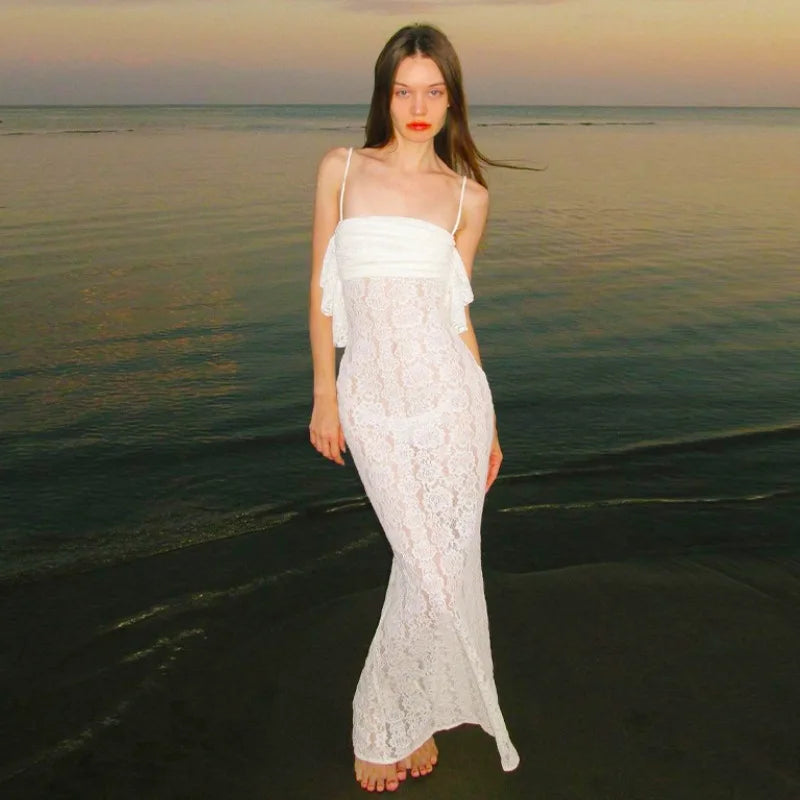 Women's Maxi White Spring Summer Suspenders Lowcut Slimfit Buttock Chic Vestidos Midi Dresses