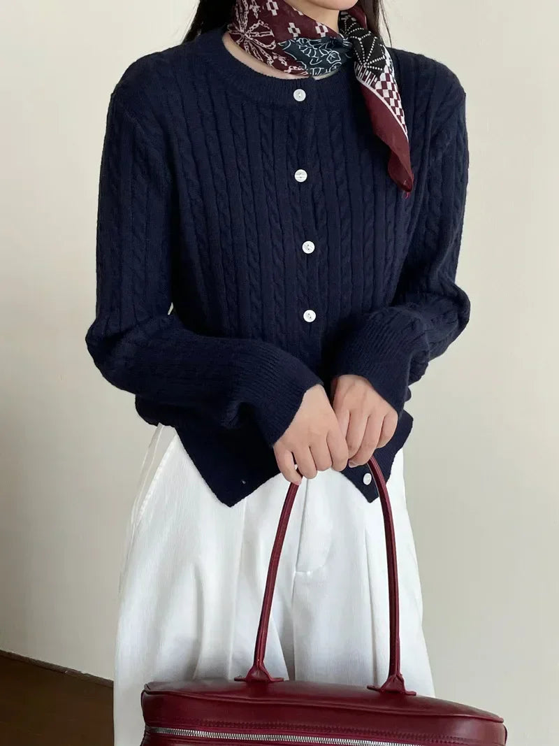 Crew Neck Button Front Cable Knit Embroidered Cardigan 6
