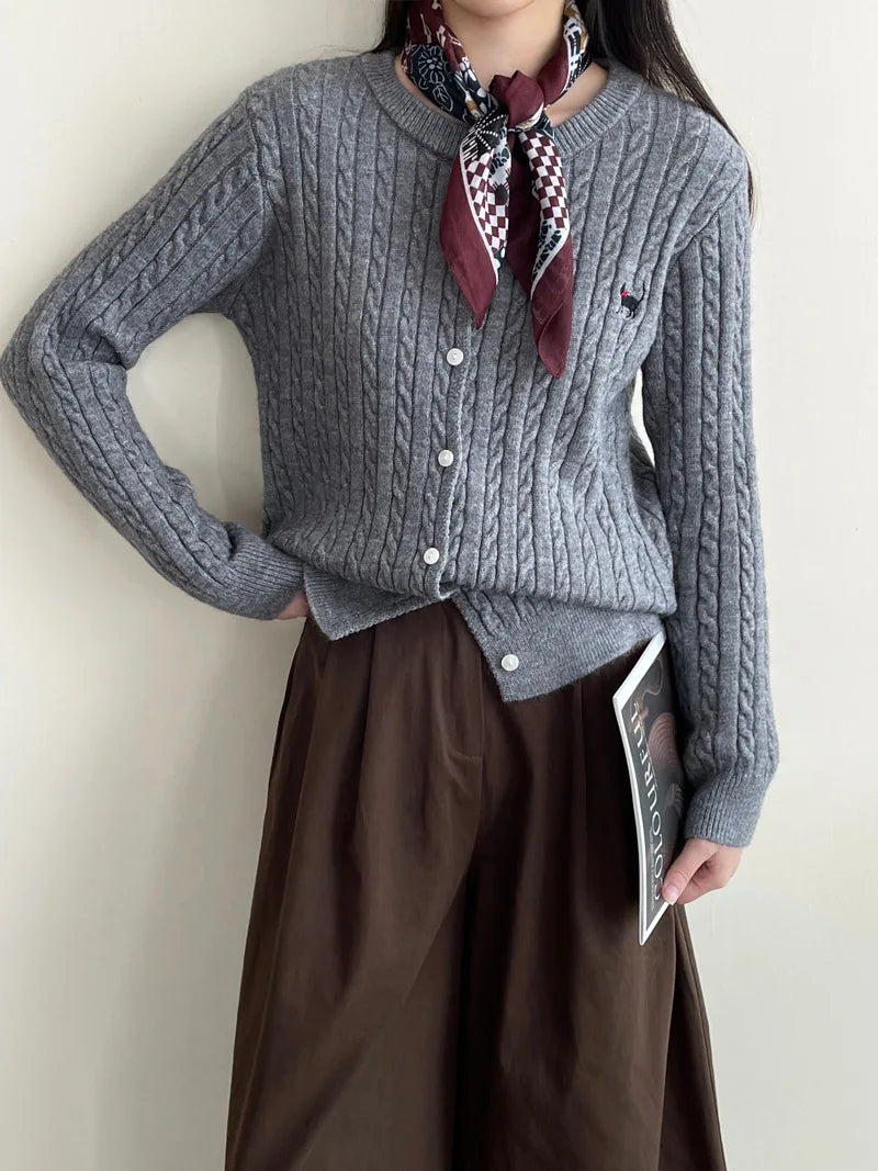 Crew Neck Button Front Cable Knit Embroidered Cardigan 5