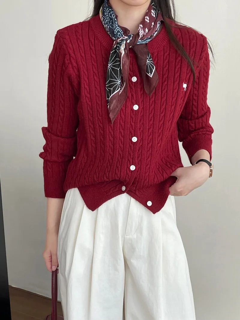 Crew Neck Button Front Cable Knit Embroidered Cardigan 2