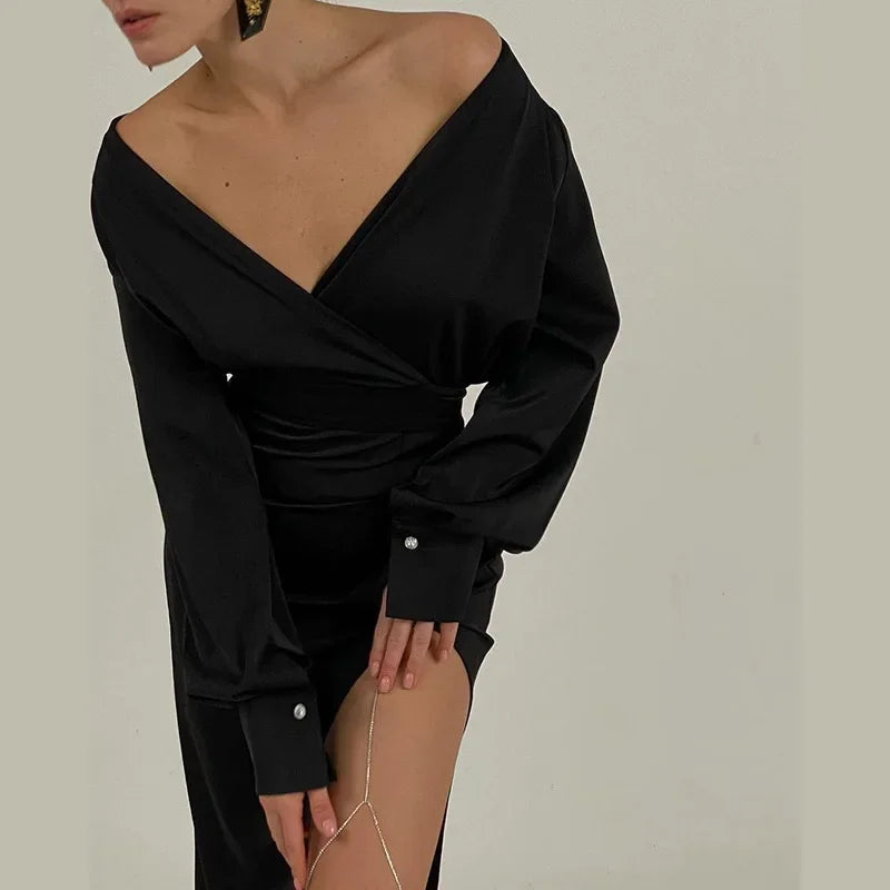 One Shoulder Long Sleeve Ruched High Split Maxi Dress