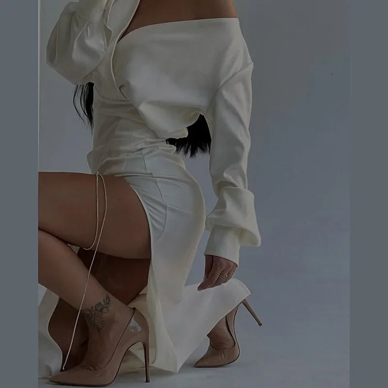 One Shoulder Long Sleeve Ruched High Split Maxi Dress