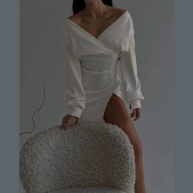 One Shoulder Long Sleeve Ruched High Split Maxi Dress