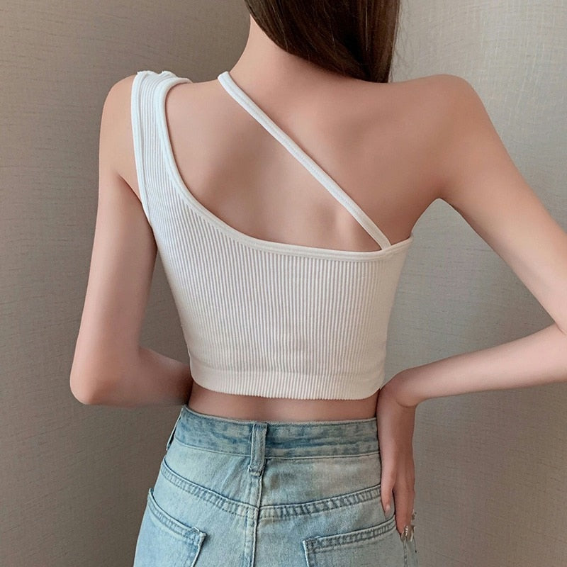 Asymmetric Strap Square Neck Sleeveless Ribbed Knit Crop Tank Top 2