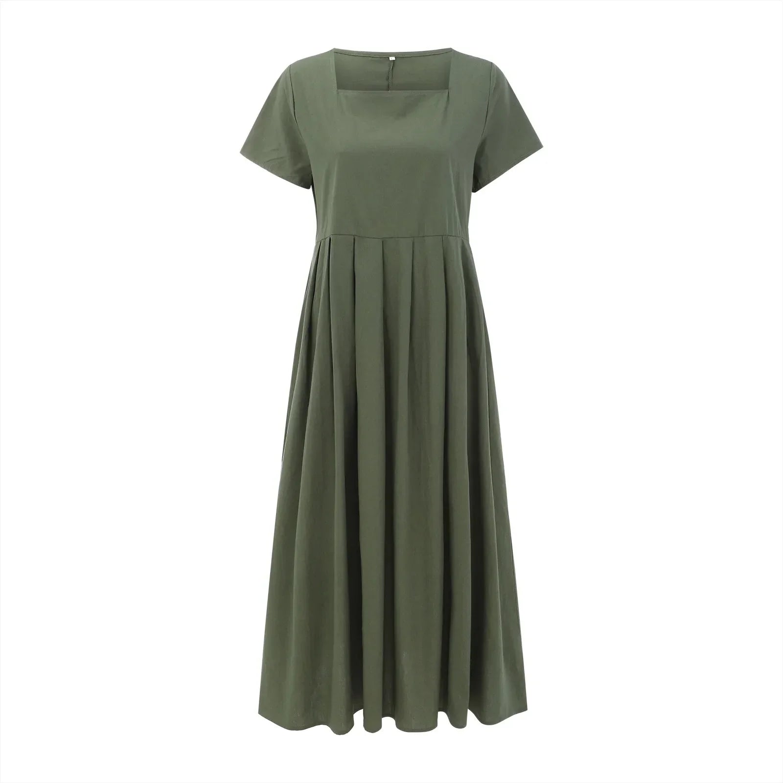 Casual Solid Color Square Collar Cotton Linen Swing Party Midi SunVestidos Dress
