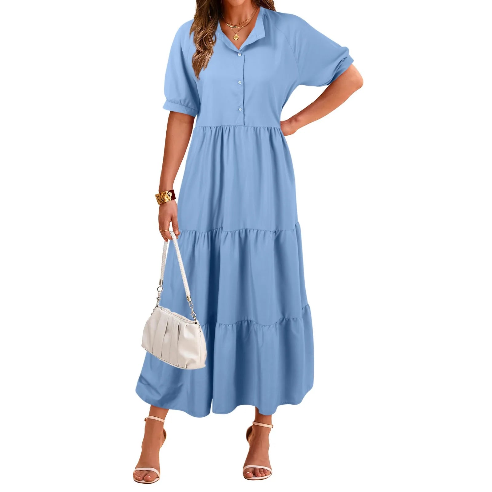 Shirt Collar Button Front Tiered Puff Sleeve Maxi Summer Dress