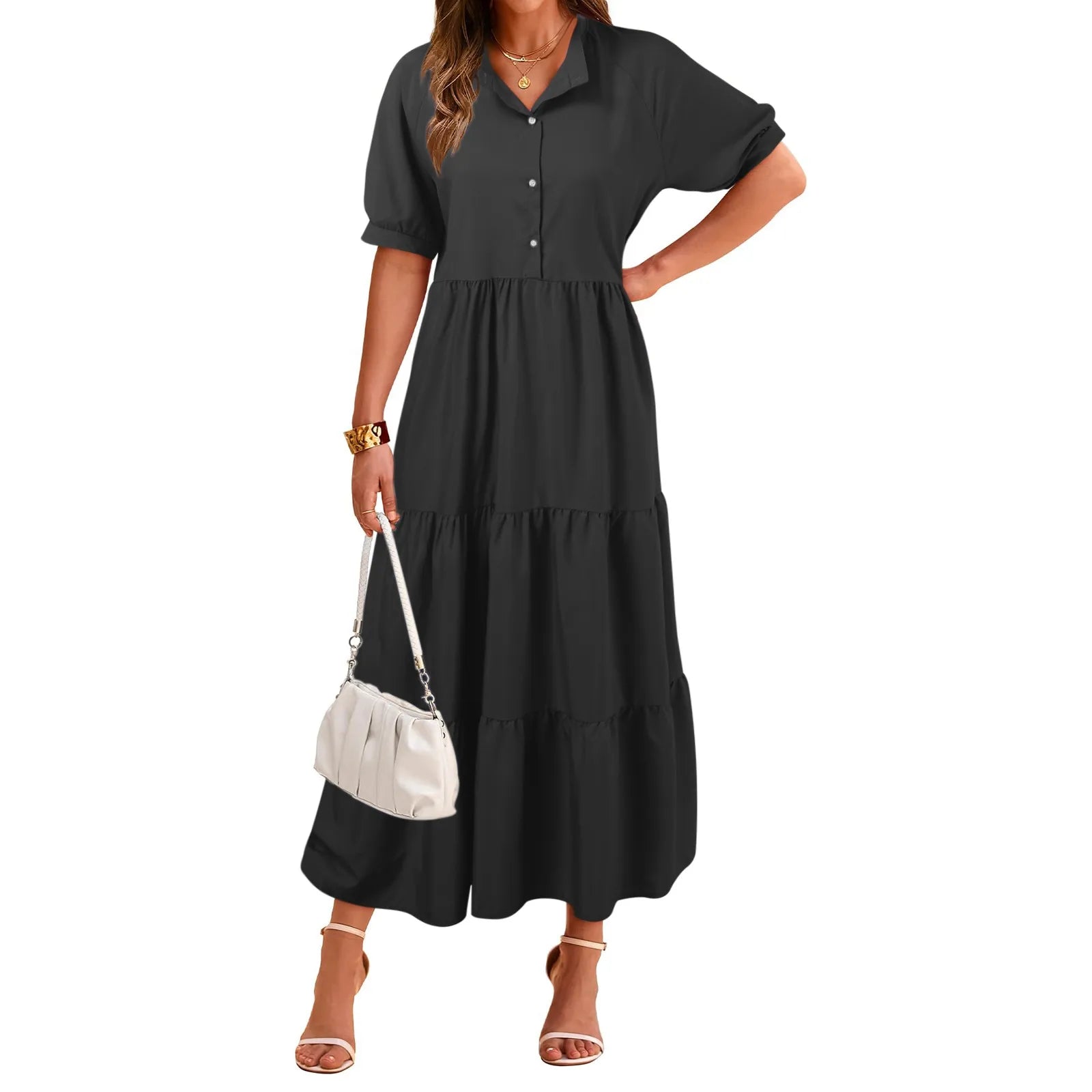 Shirt Collar Button Front Tiered Puff Sleeve Maxi Summer Dress