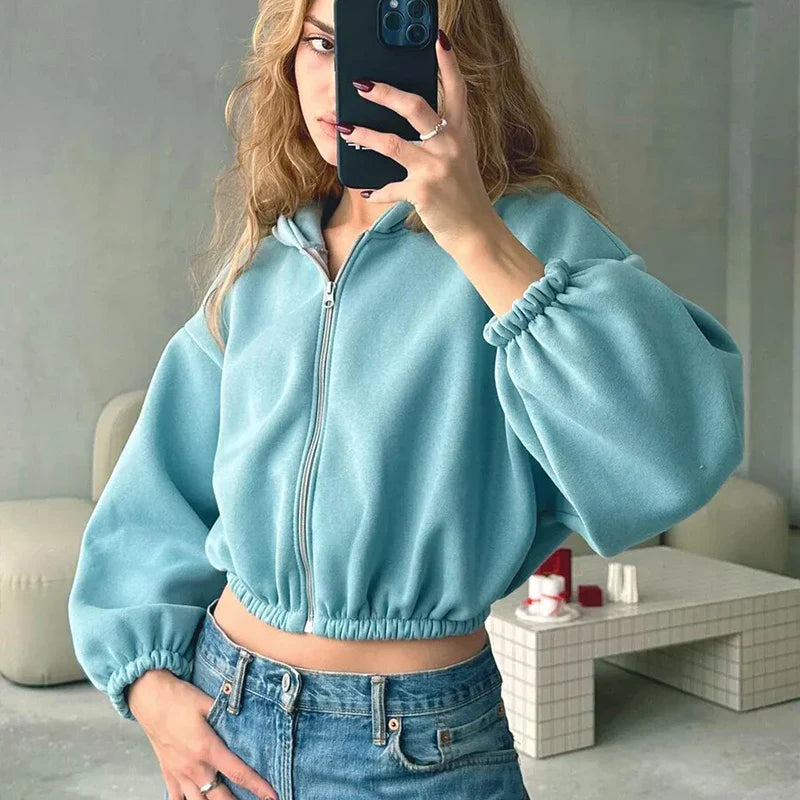 Fashion Zipper Cropped Solid Color Long Sleeve Hoodie
