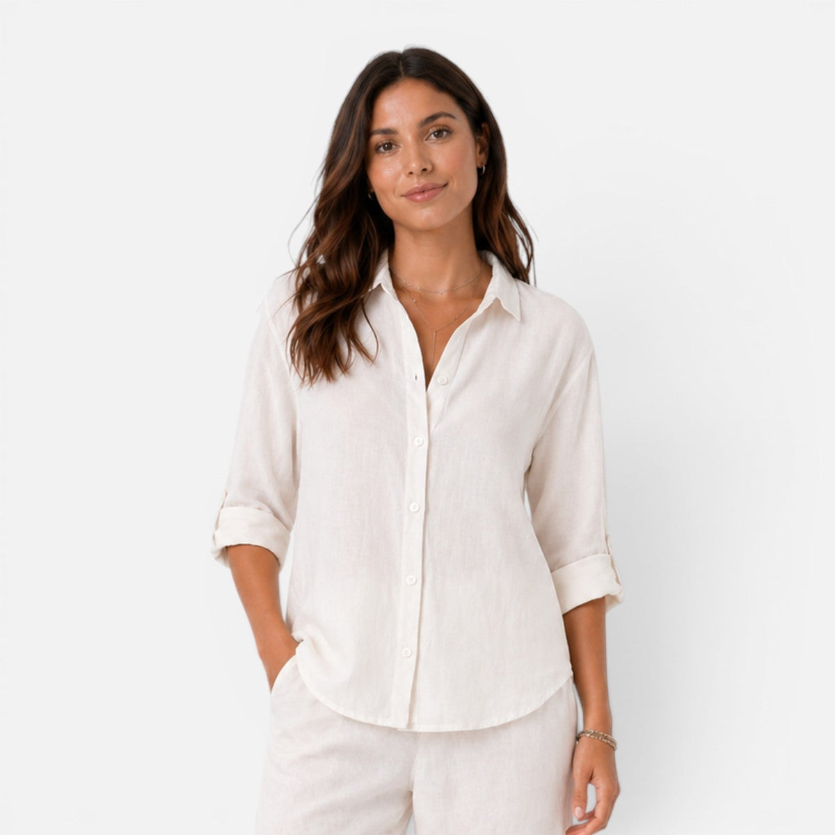 Linen Look Button Up Long Sleeve Collared Shirt