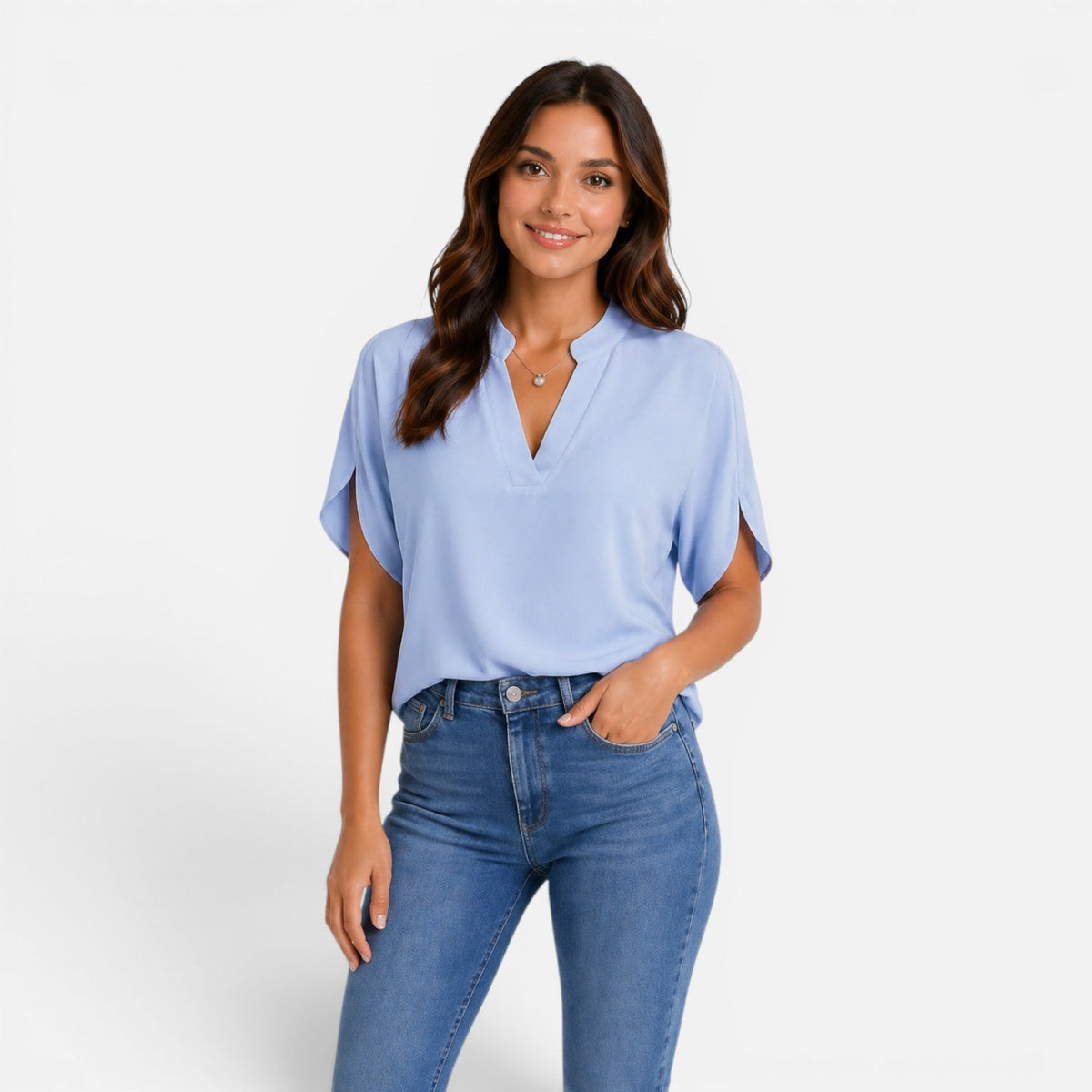 Chiffon Split Neck Flutter Sleeve Blouse