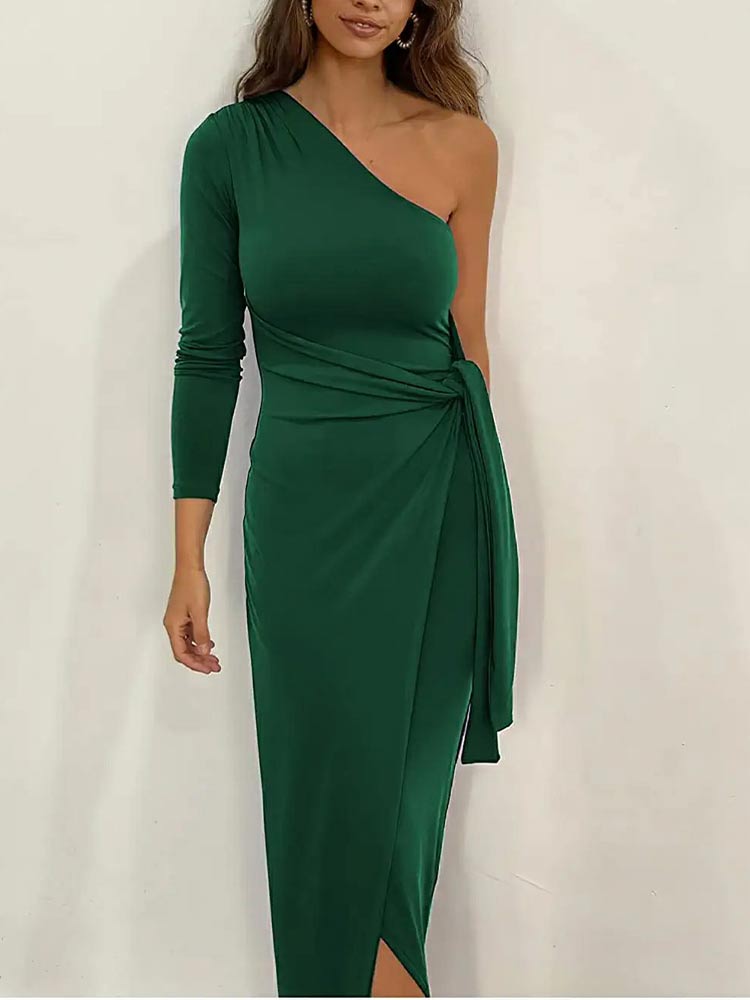 One Shoulder Long Sleeve Ruched Tie Waist Wrap Bodycon Midi Dress