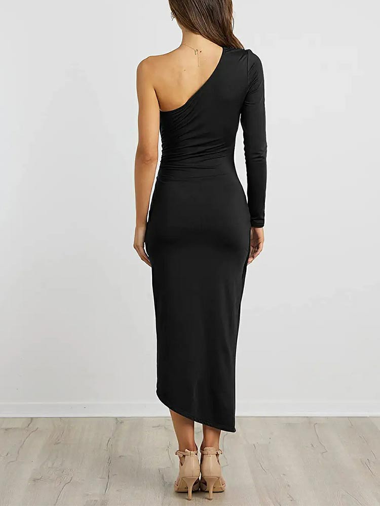One Shoulder Long Sleeve Ruched Tie Waist Wrap Bodycon Midi Dress