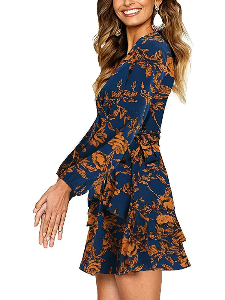 Floral Deep V-Neck Long Sleeve Wrap Ruffle Mini Dress