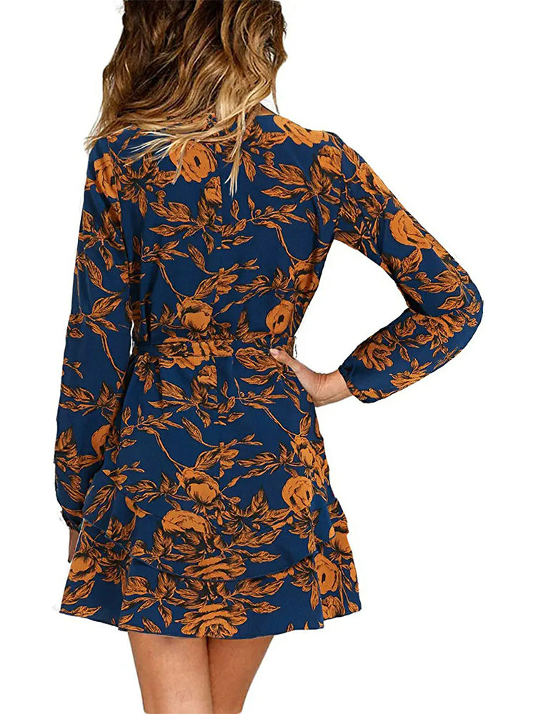 Floral Deep V-Neck Long Sleeve Wrap Ruffle Mini Dress