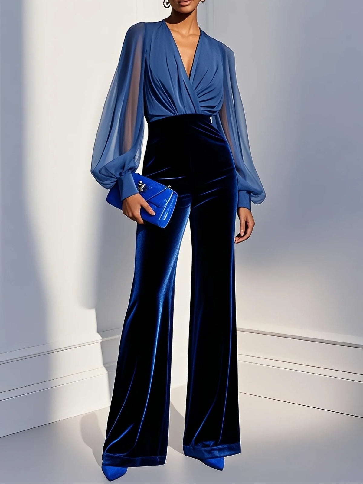 V-Neck Sheer Puff Sleeve Velvet Wide Leg Jumpsuit