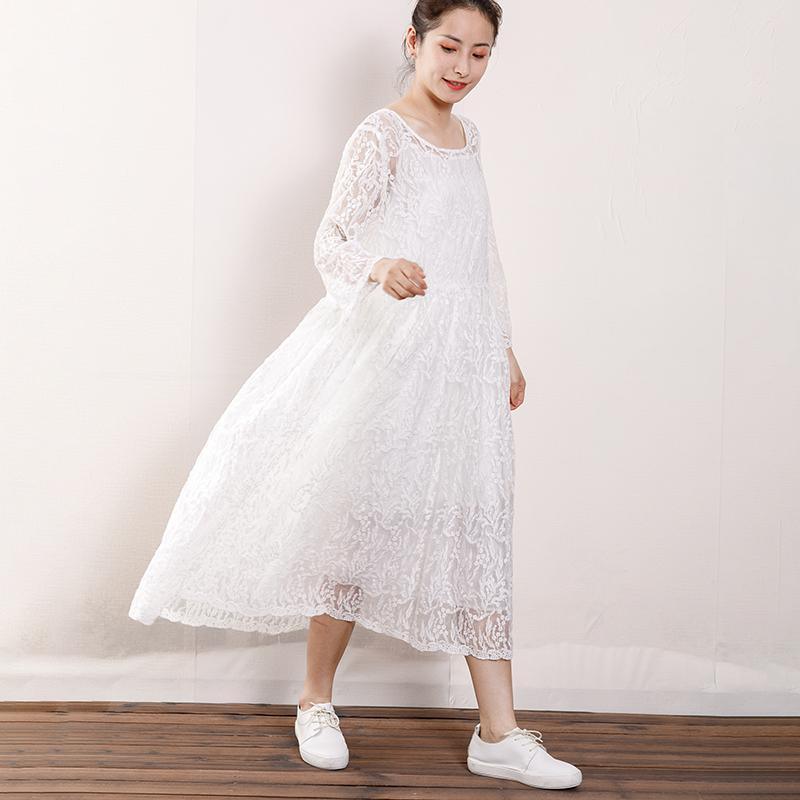 Floral Lace Scoop Neck Long Sleeve Empire Waist Sheer Hem Midi Dress