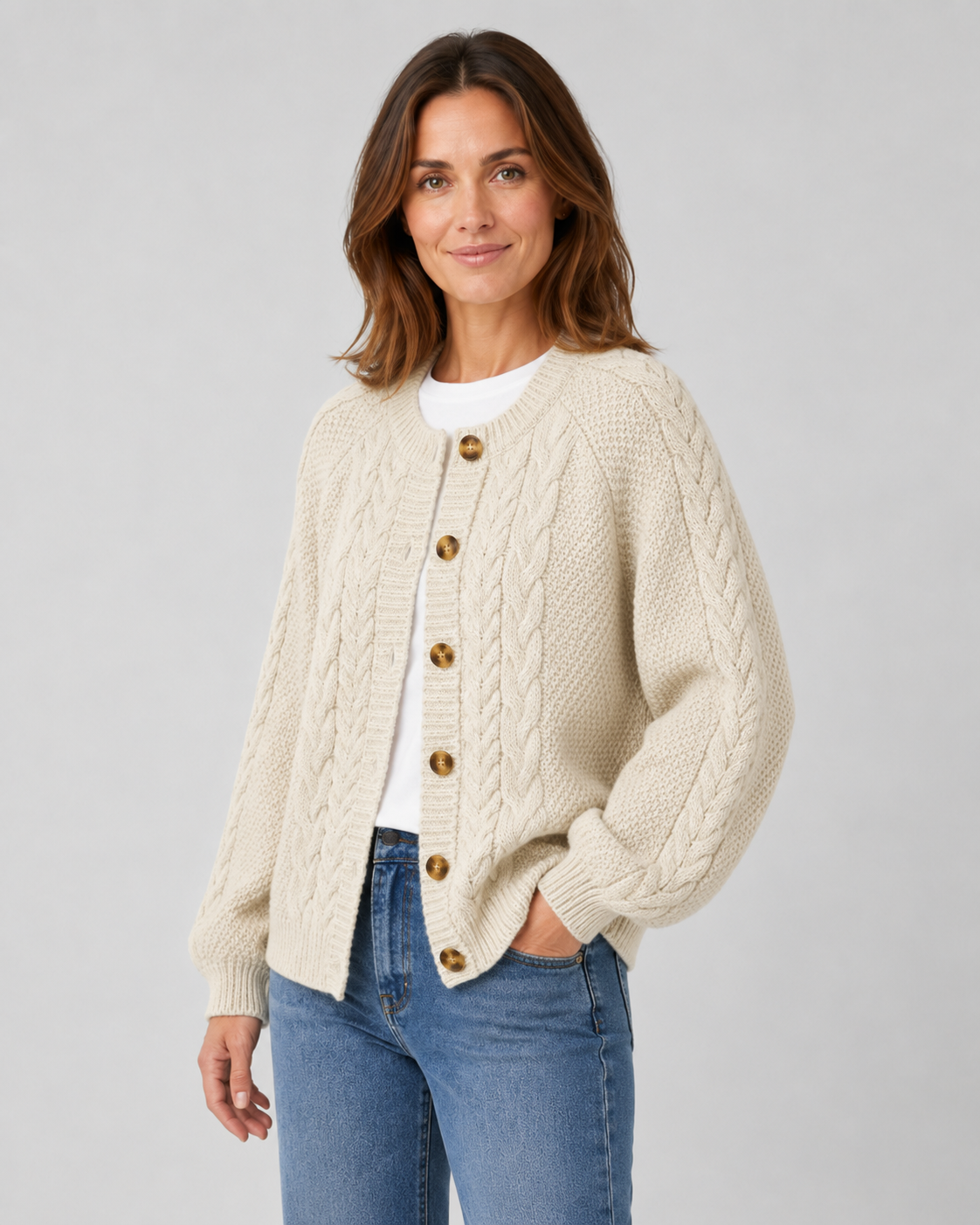 Cable Knit Crew Neck Button Front Cardigan