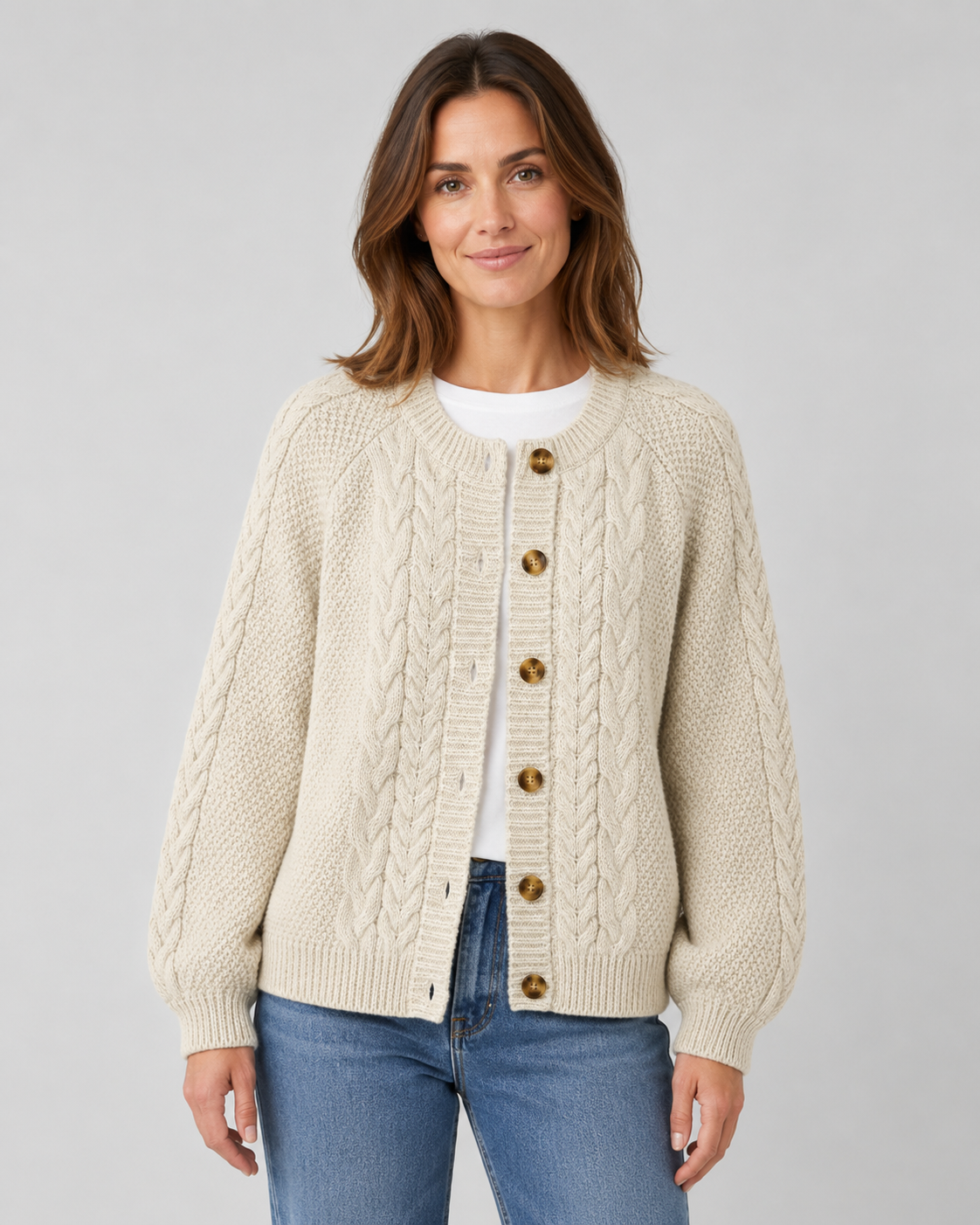 Cable Knit Crew Neck Button Front Cardigan